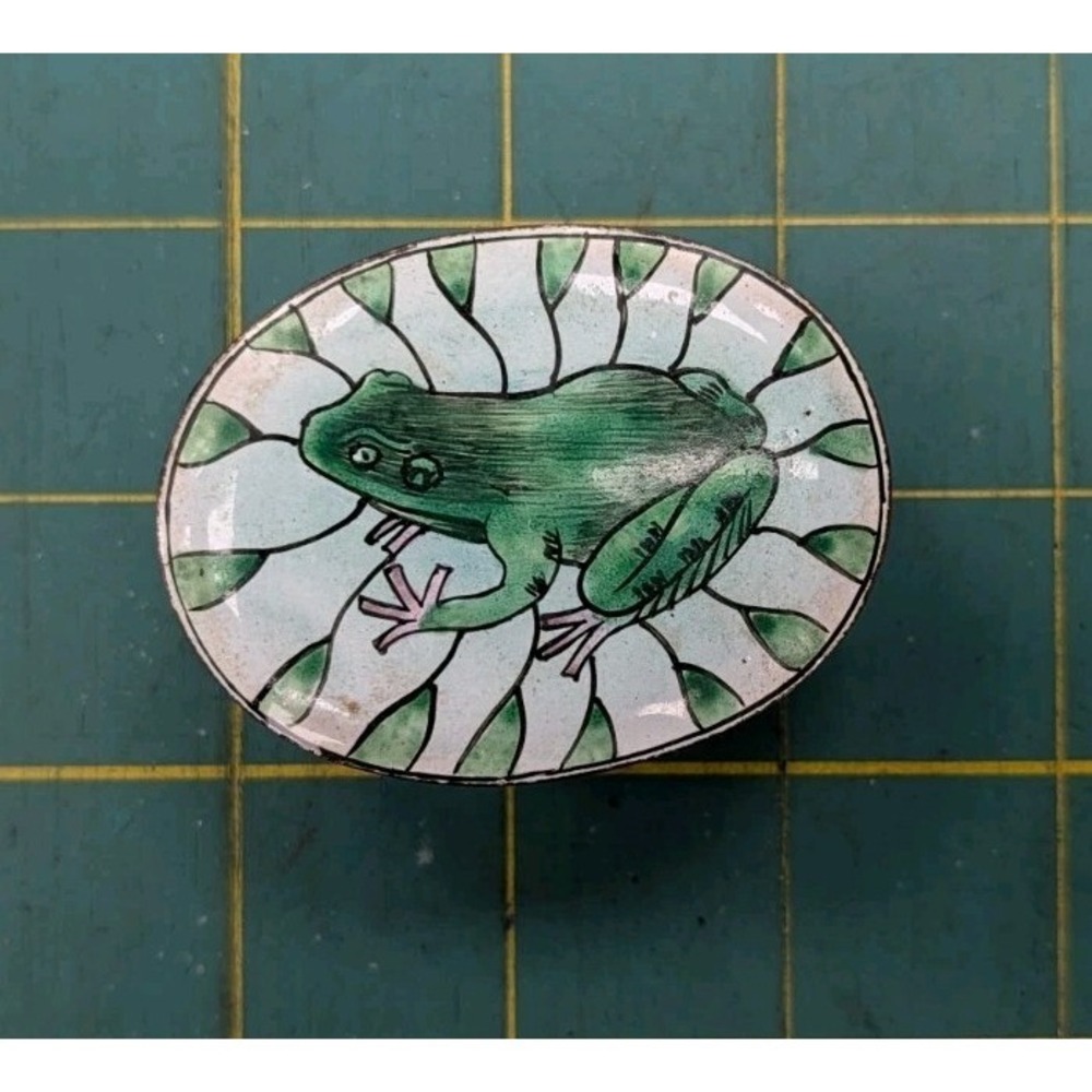 Frog Trinket Dish Container with Lid 2.5" X 1.5" Glass Oval 2 Piece - Picture 1 of 4
